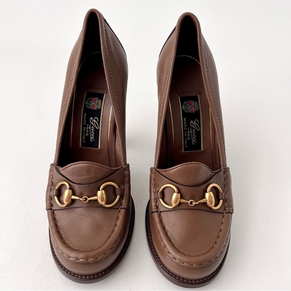 GUCCI | Vintage Alyssa Brown Leather Horsebit Pumps Block Heel Loafers 37.5 - Picture 3 of 16